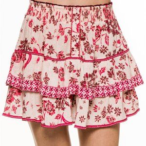 Poupette St. Barth Pink and Cream Floral Tiered Mini Skirt